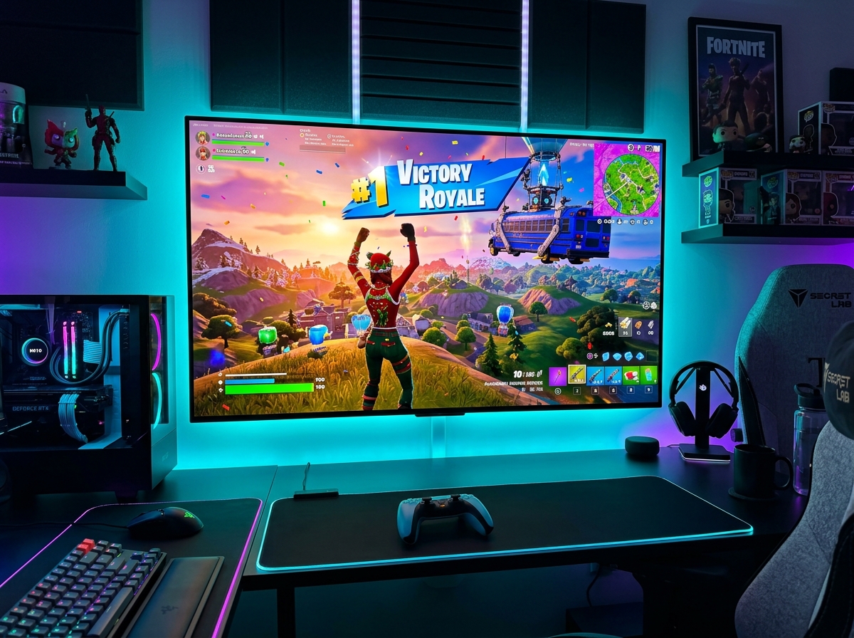 Gaming setup featuring a large OLED TV playing Fortnite Battle Royale #1 Victory Royale