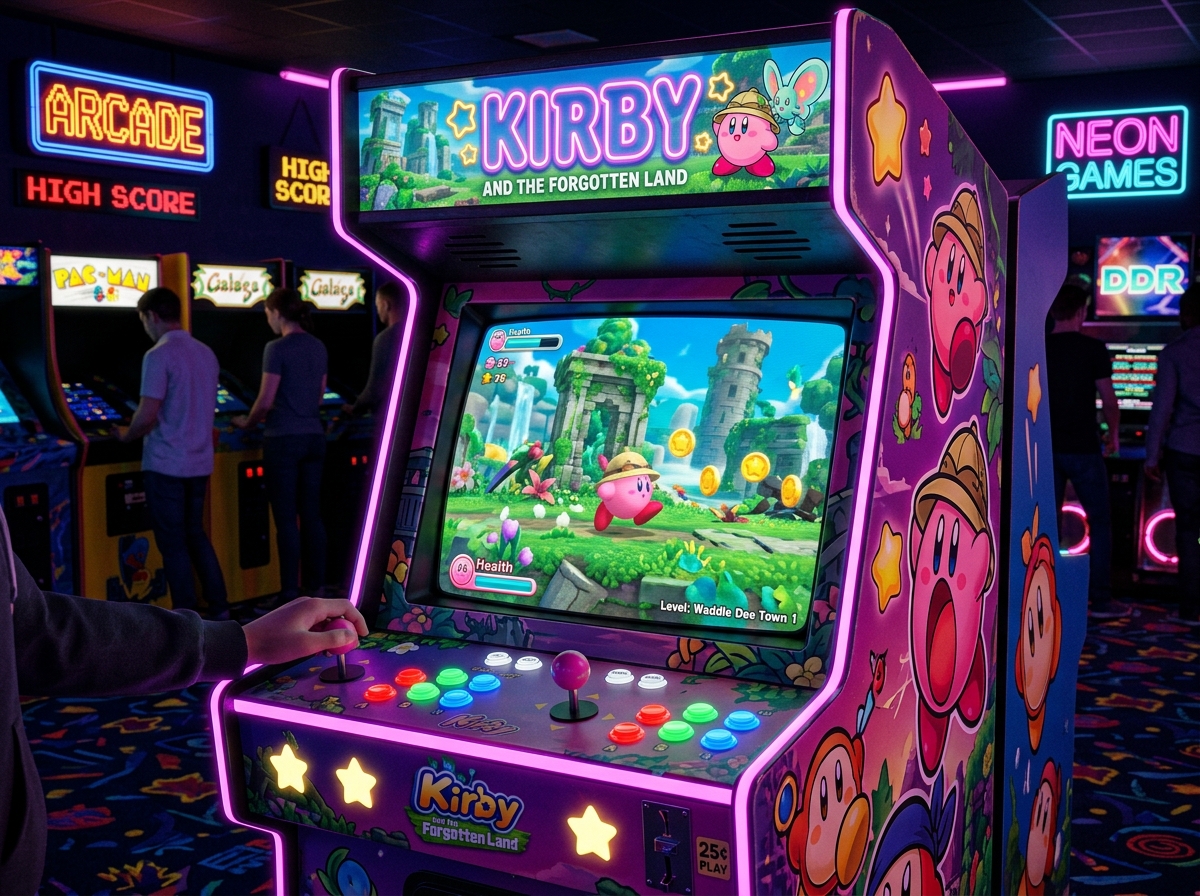 Kirby and the Forgotten Land running on a retro neon arcade cabinet