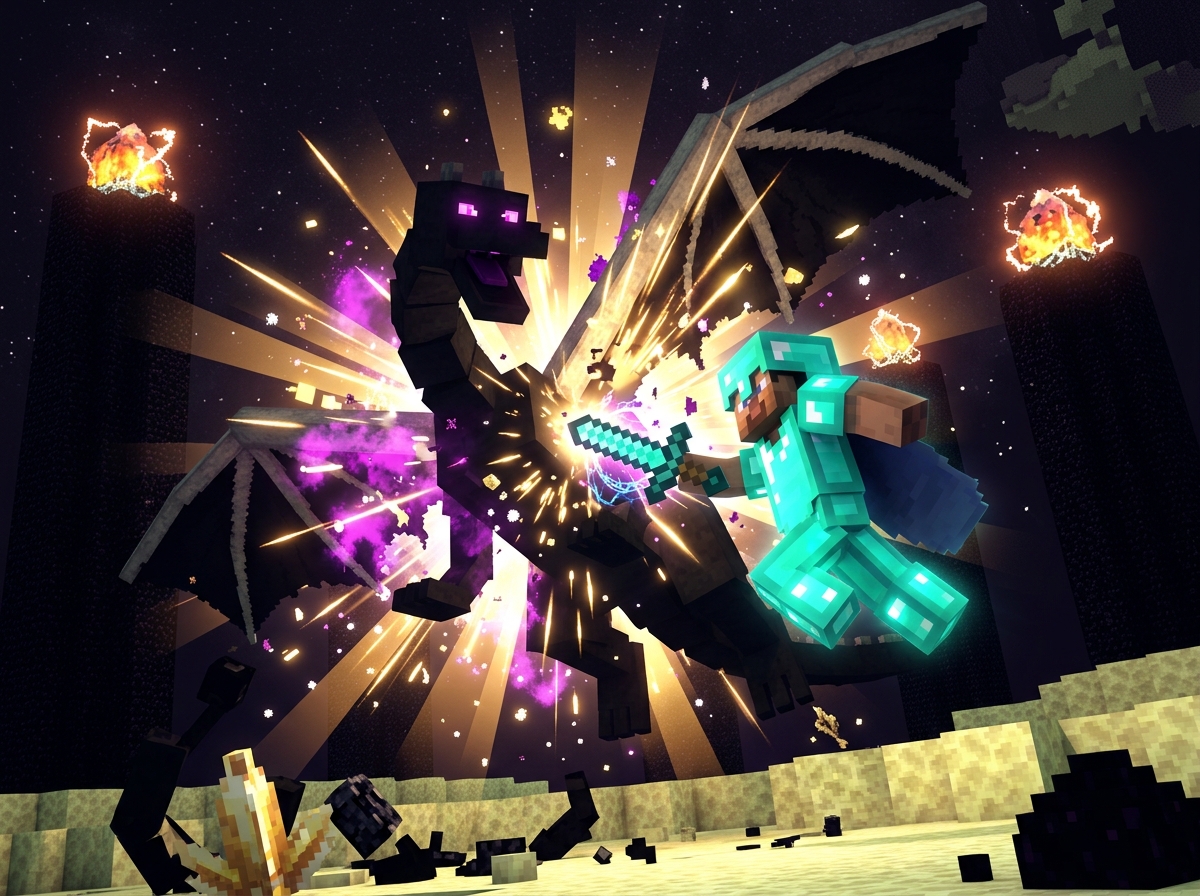 Steve in enchanted diamond armor leaping to defeat the Ender Dragon in the End dimension